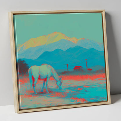 Electric Mountain Grazing horse landscape canvas wall art in natural frame