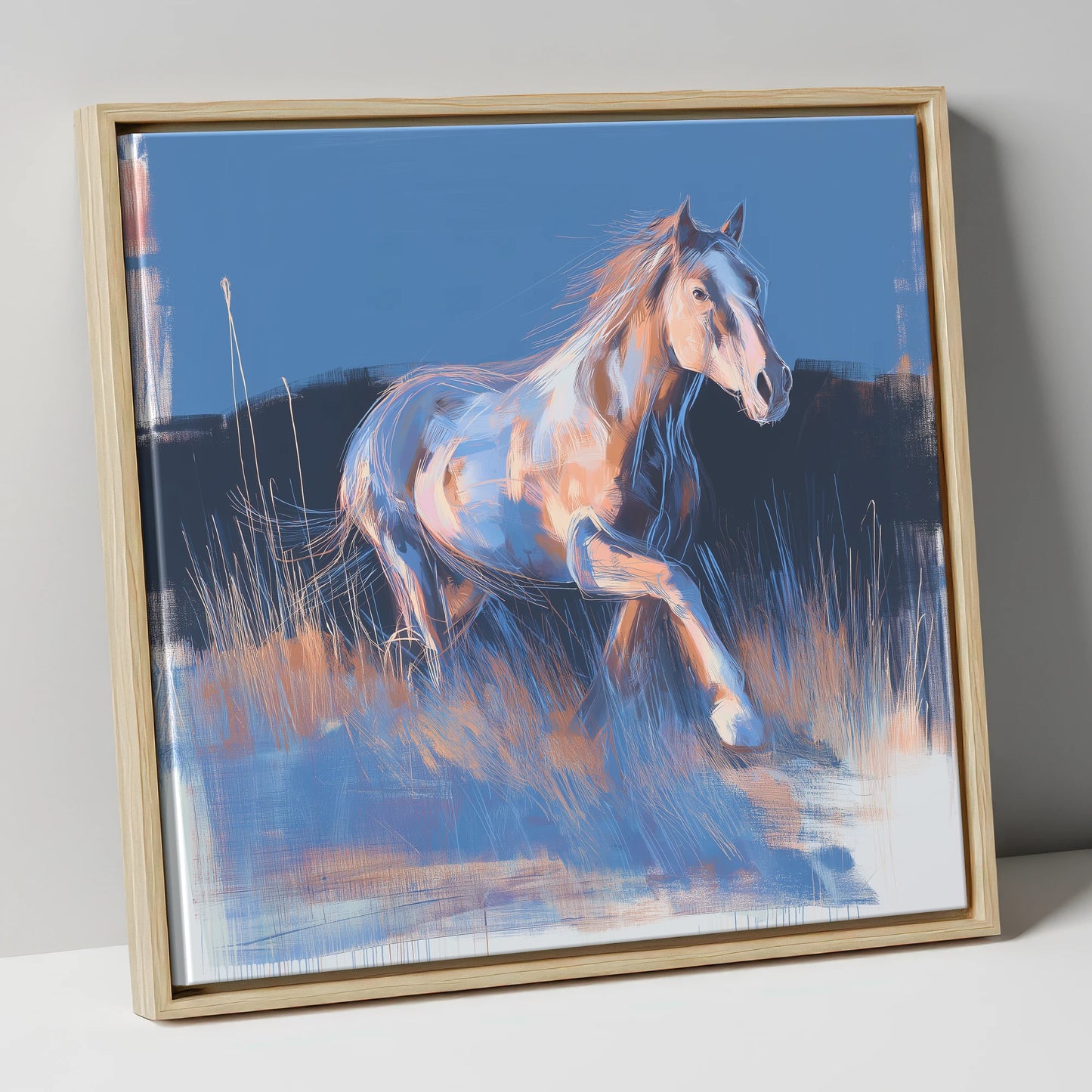 Wanderer in Blue horse landscape canvas wall art in natural frame
