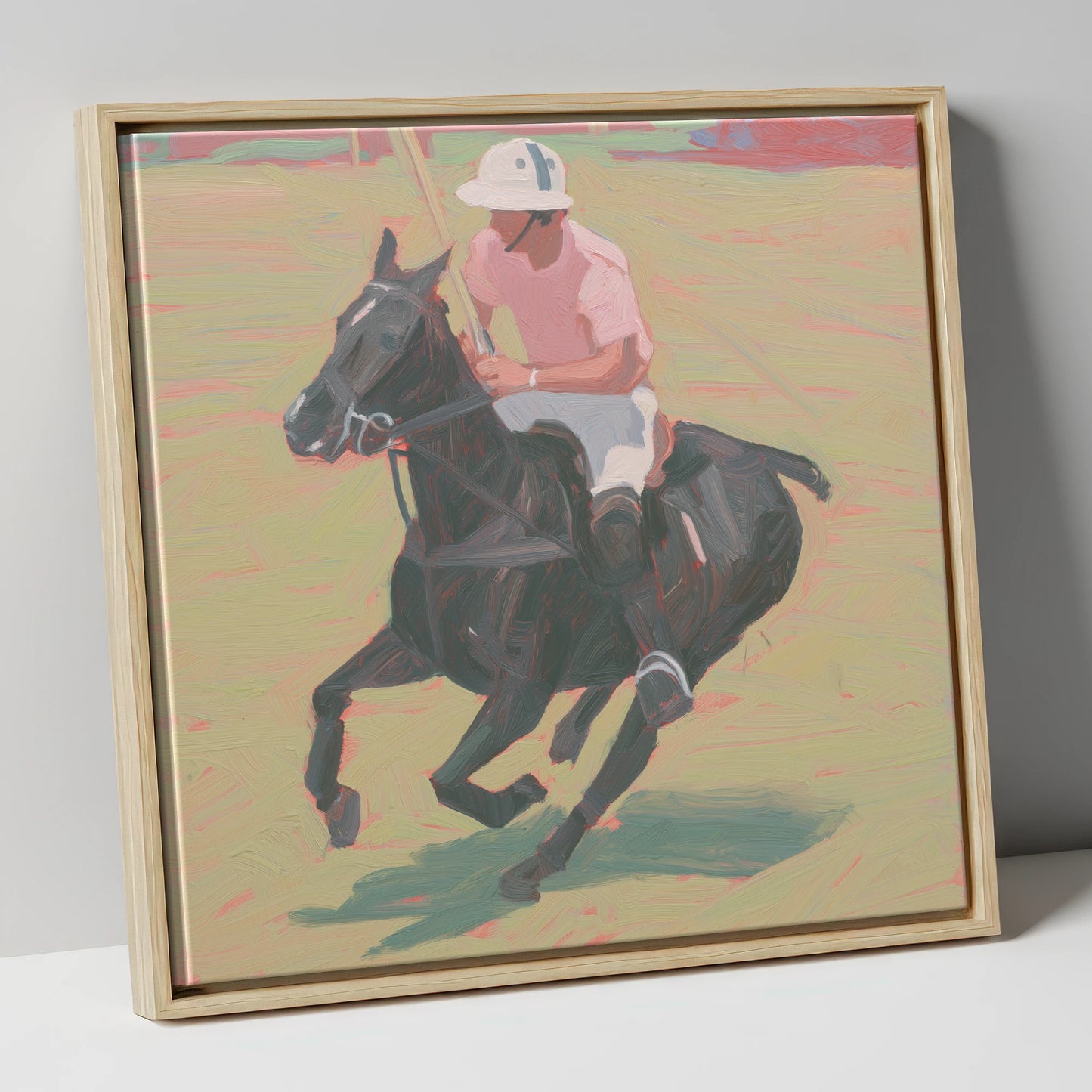The Pink Chukka polo horse canvas wall art in natural frame