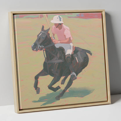 The Pink Chukka polo horse canvas wall art in natural frame