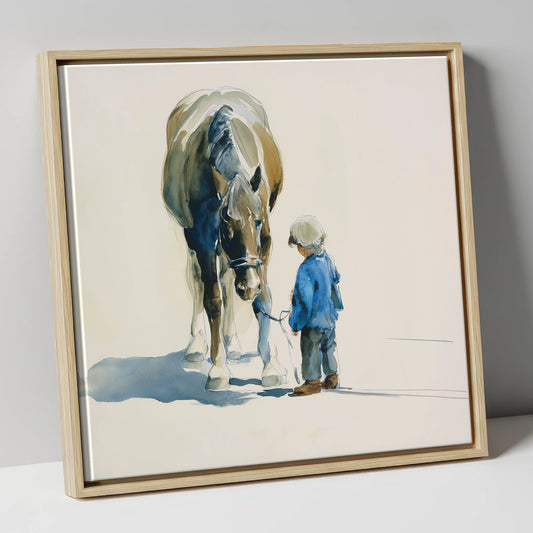 Quiet Understanding horse & rider canvas wall art in natural frame