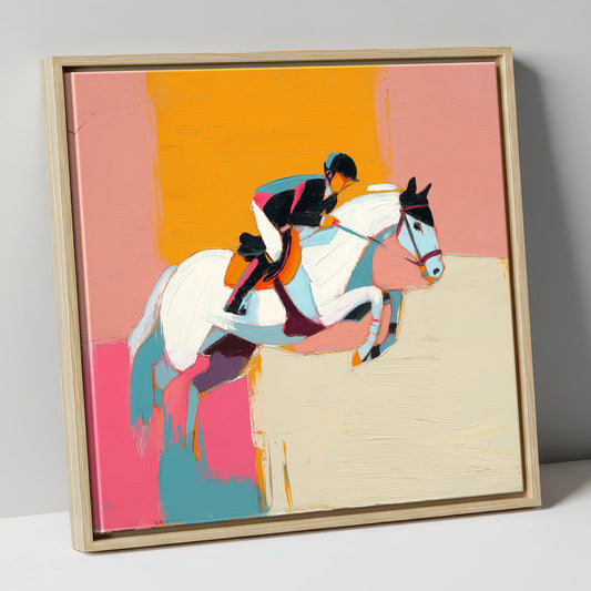 Vibrant Flight show jumping horse canvas wall art in natural frame