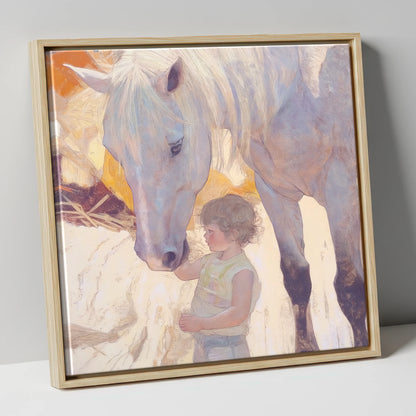 The First Touch horse & rider canvas wall art in natural frame