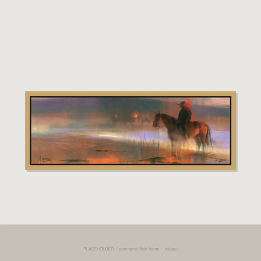 Out at Dawn Horse Landscape panoramic canvas wall art in natural float frame