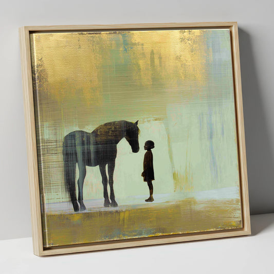 A Quiet Understanding horse & rider canvas wall art in natural frame