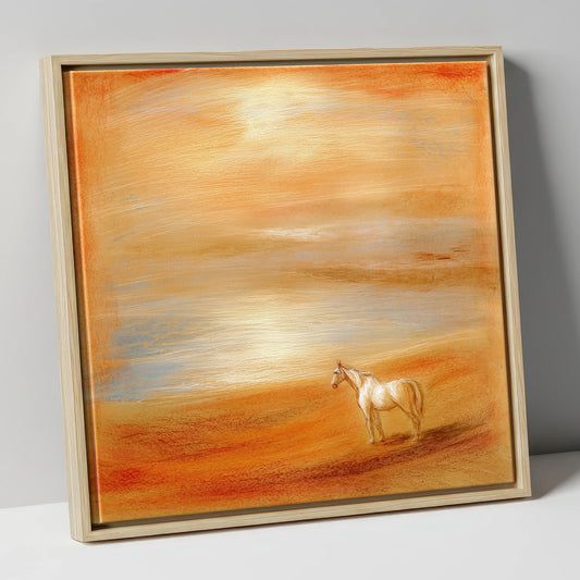 Amber Horizon horse landscape canvas wall art in natural frame