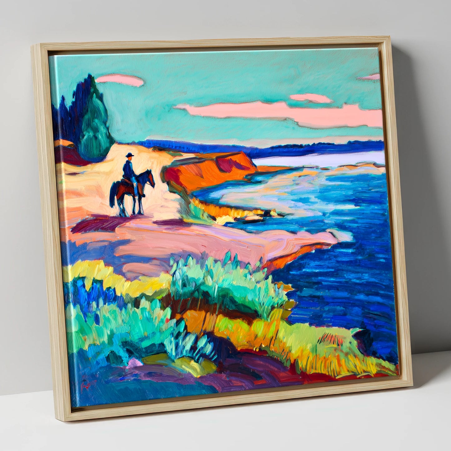 Vivid Coastal Hack beach horse canvas wall art in natural frame