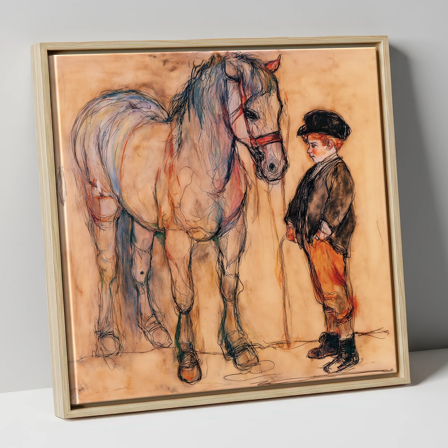 A Quiet Understanding horse & rider canvas wall art in natural frame