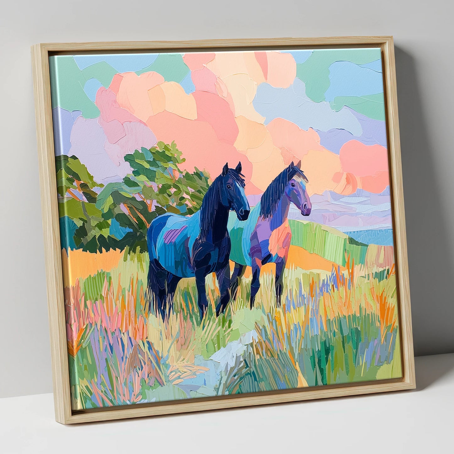 Pastures in Pastel horse landscape canvas wall art in natural frame