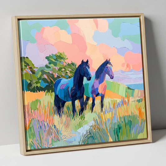 Pastures in Pastel horse landscape canvas wall art in natural frame
