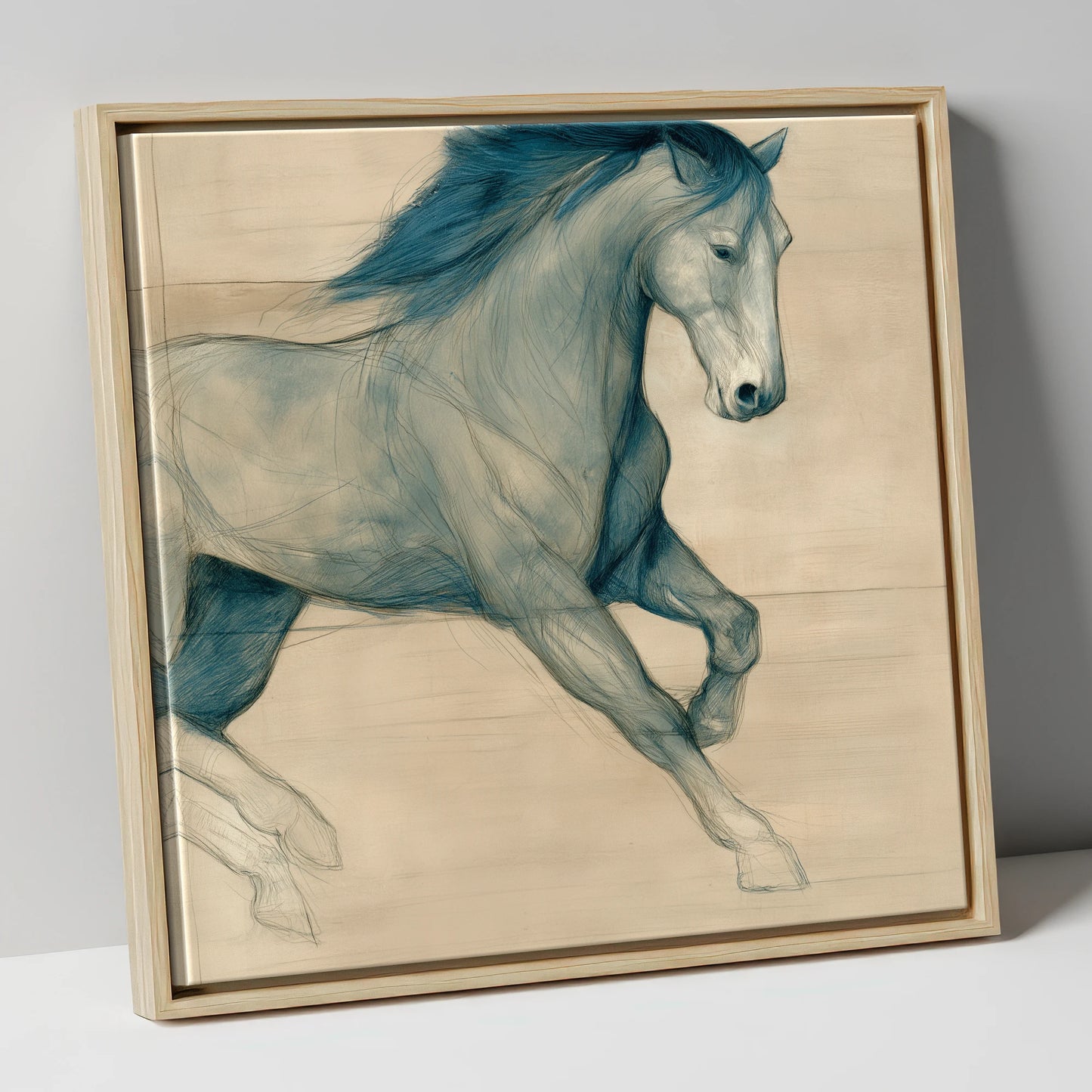 Teal Equine Study horse portrait canvas wall art in natural frame
