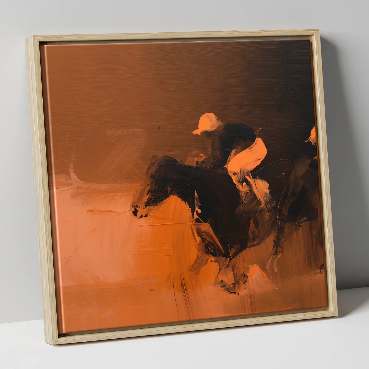 Amber Sprint racing horse canvas wall art in natural frame