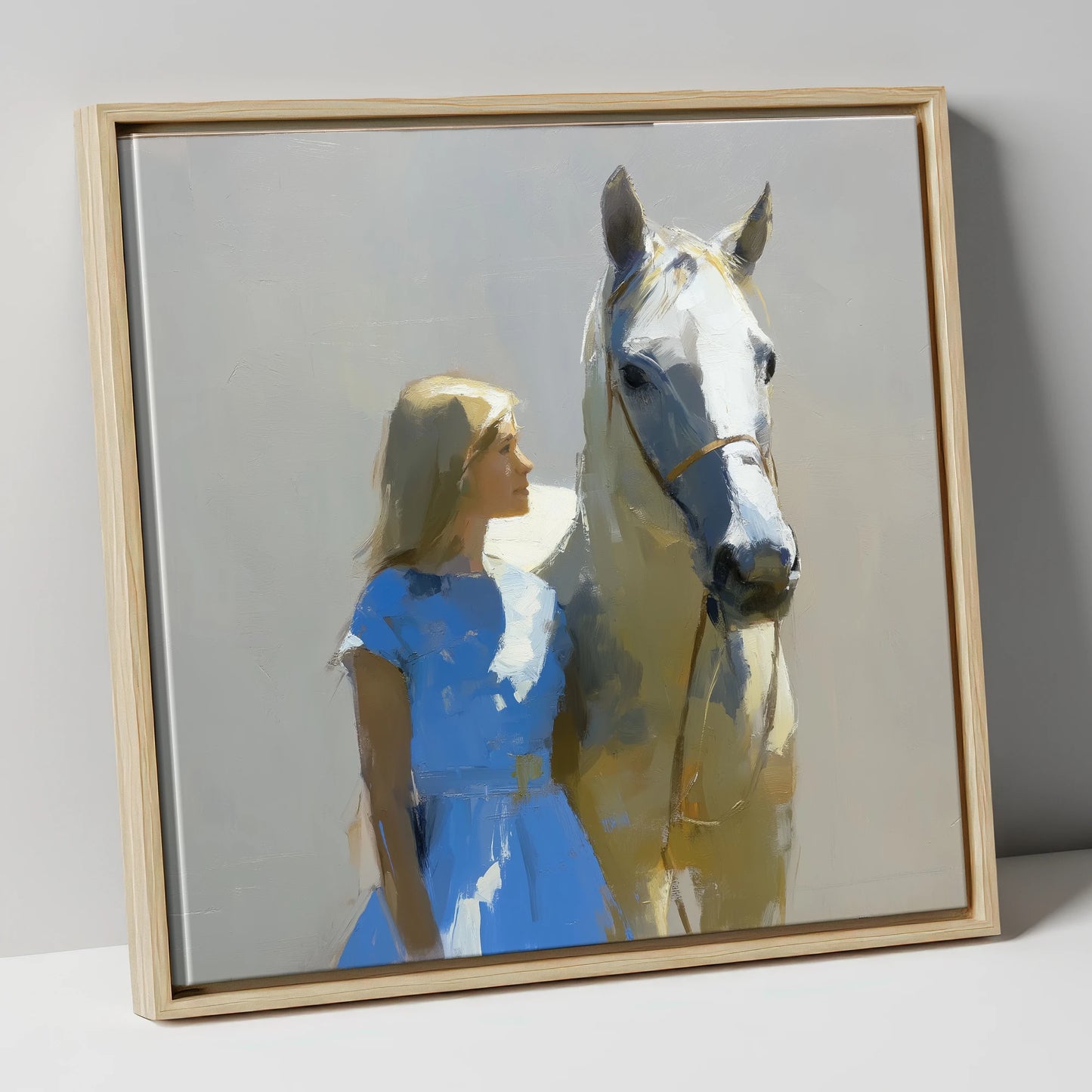 A Sunlit Bond horse & rider canvas wall art in natural frame