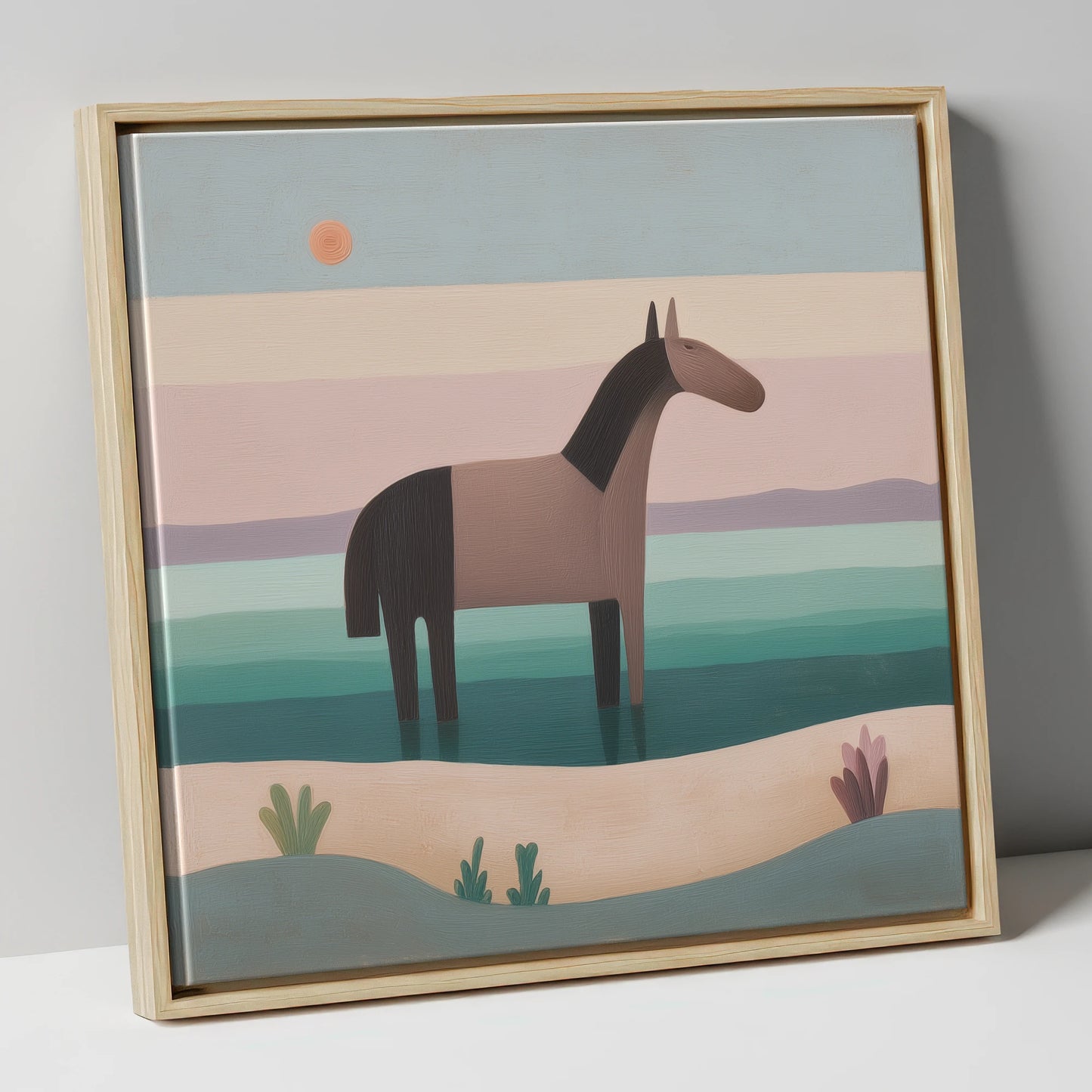 Stillness in the Shallows beach horse canvas wall art in natural frame
