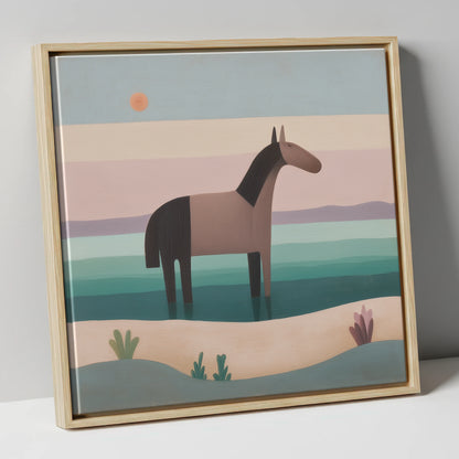Stillness in the Shallows beach horse canvas wall art in natural frame