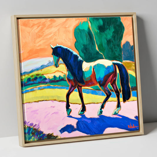 The Cobalt Stride horse breed canvas wall art in natural frame