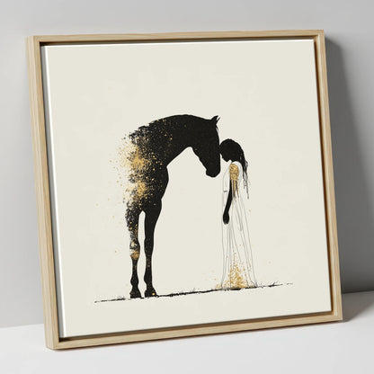 Golden Connection horse & rider canvas wall art in natural frame