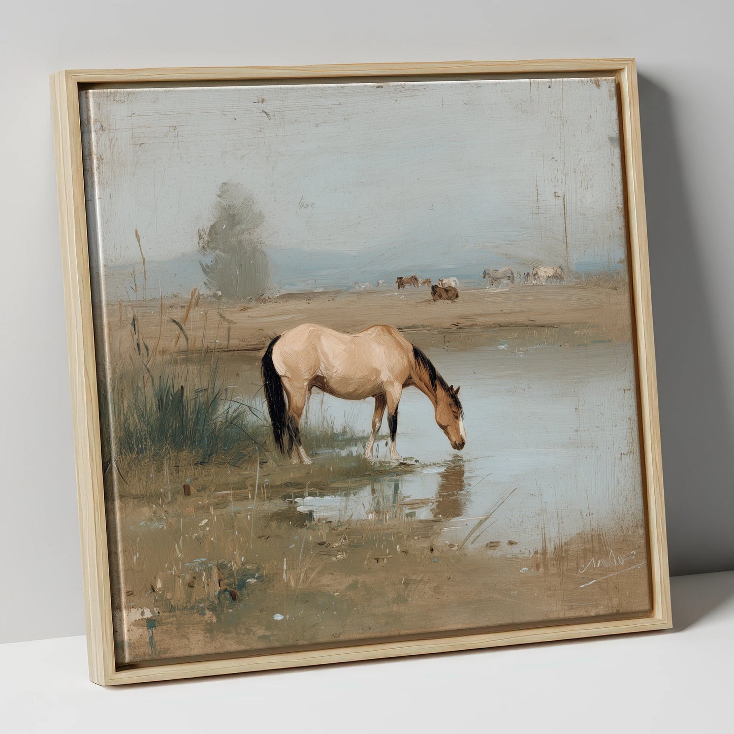 Buckskin by the Shallows horse landscape canvas wall art in natural frame