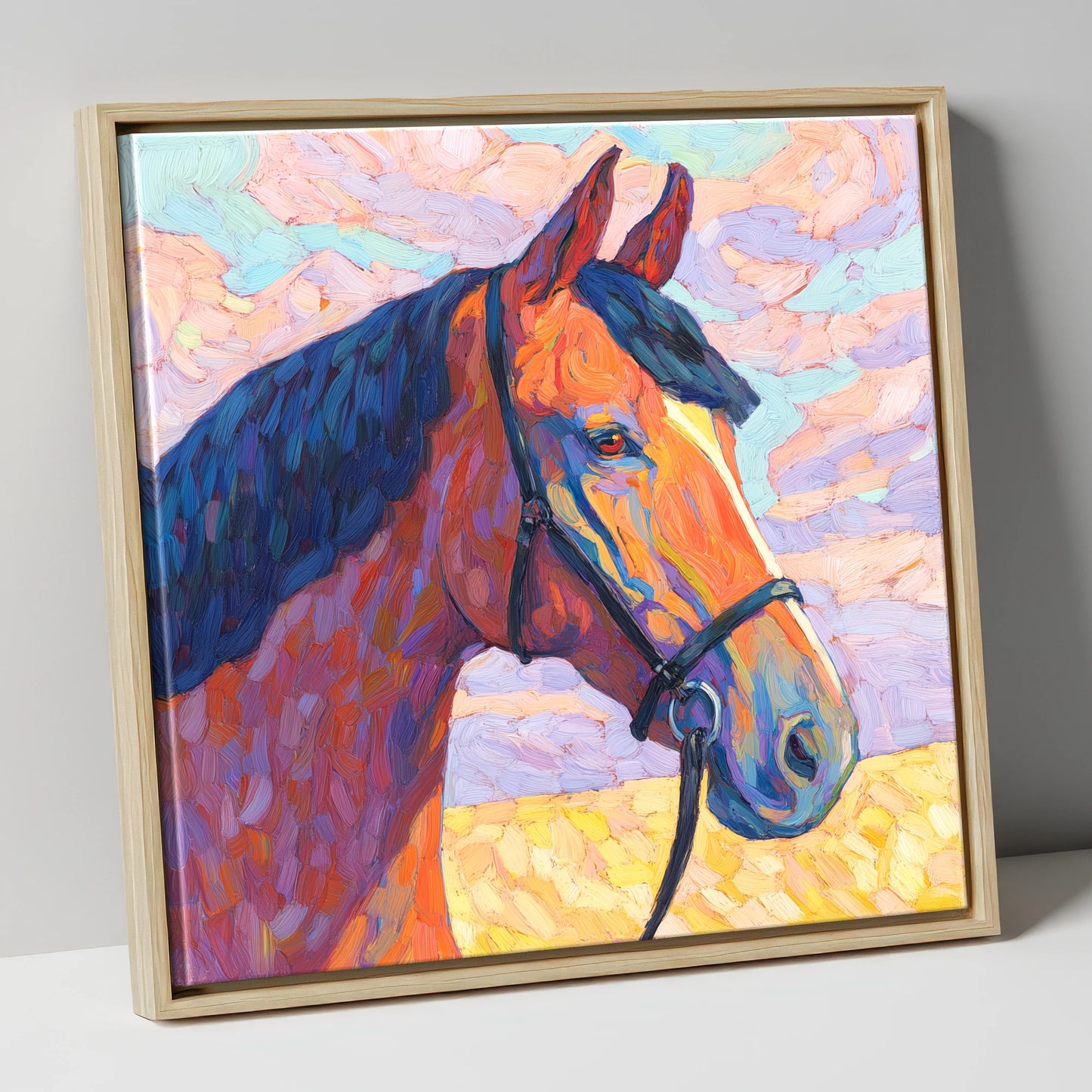 Painted Bay Profile horse portrait canvas wall art in natural frame