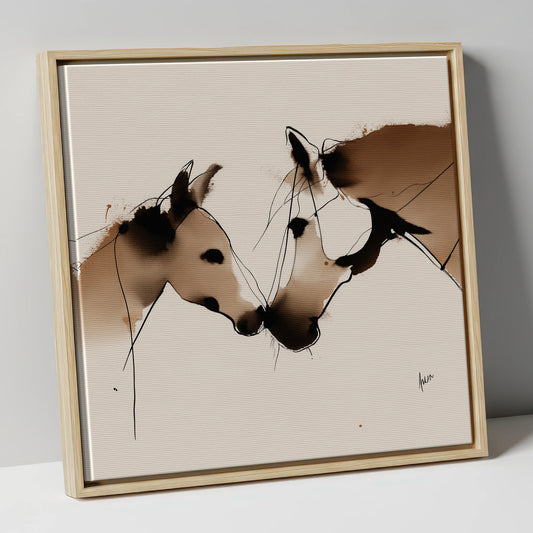 Sepia Ink Mare And Foal mare & foal canvas wall art in natural frame