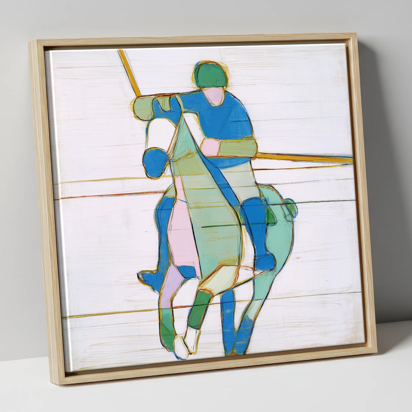 Azure Polo Rhythms polo horse canvas wall art in natural frame