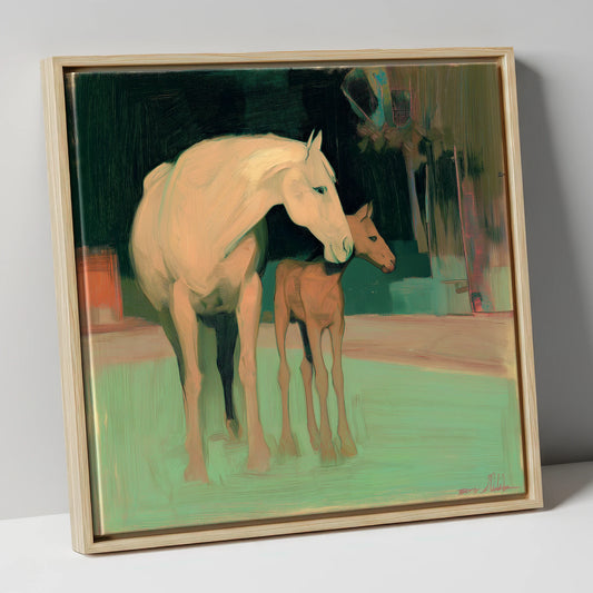 A Quiet Connection mare & foal canvas wall art in natural frame