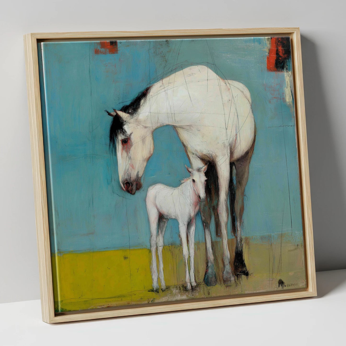 Quiet Bond in Teal mare & foal canvas wall art in natural frame