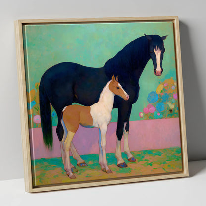 Midnight Dream Mare and Foal mare & foal canvas wall art in natural frame