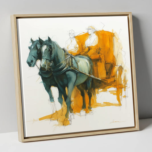 The Amber Carriage Pair working horse canvas wall art in natural frame