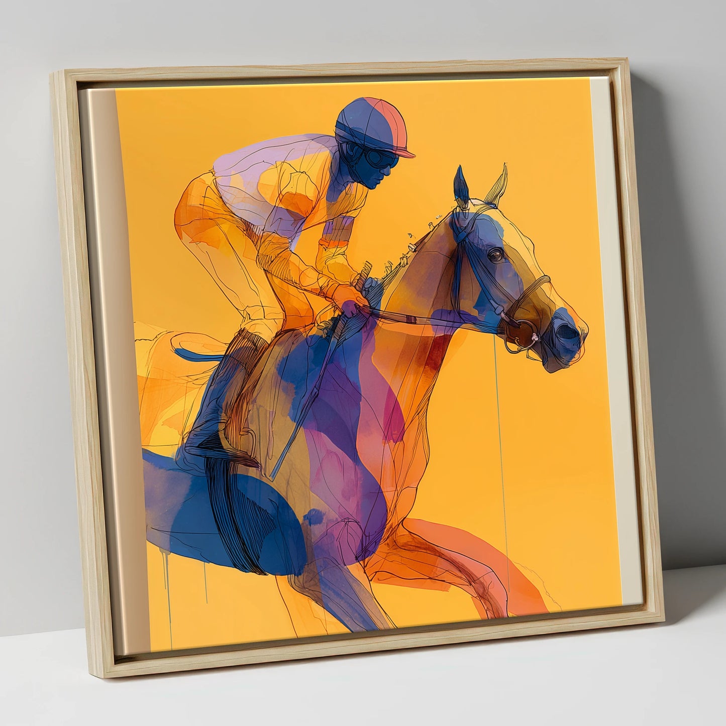 Golden Racing Stride racing horse canvas wall art in natural frame
