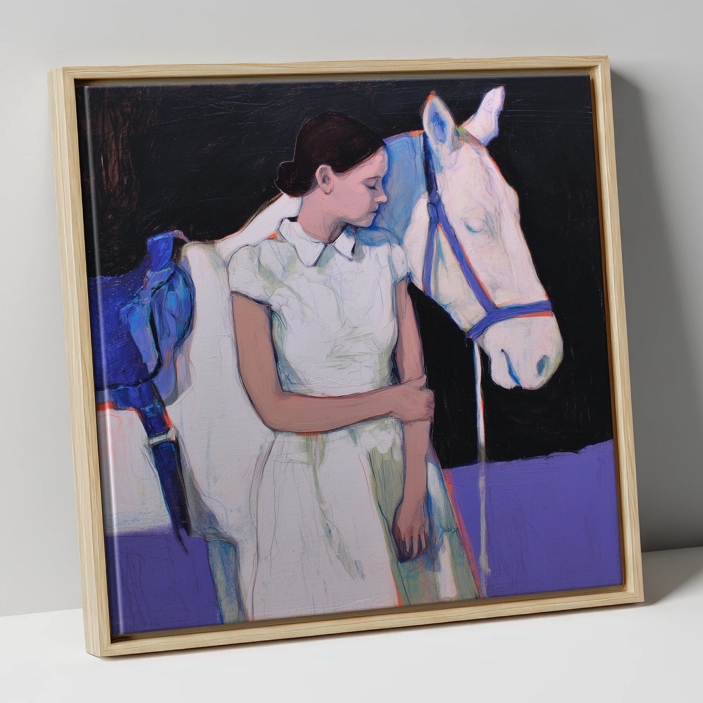 The Indigo Bond horse & rider canvas wall art in natural frame