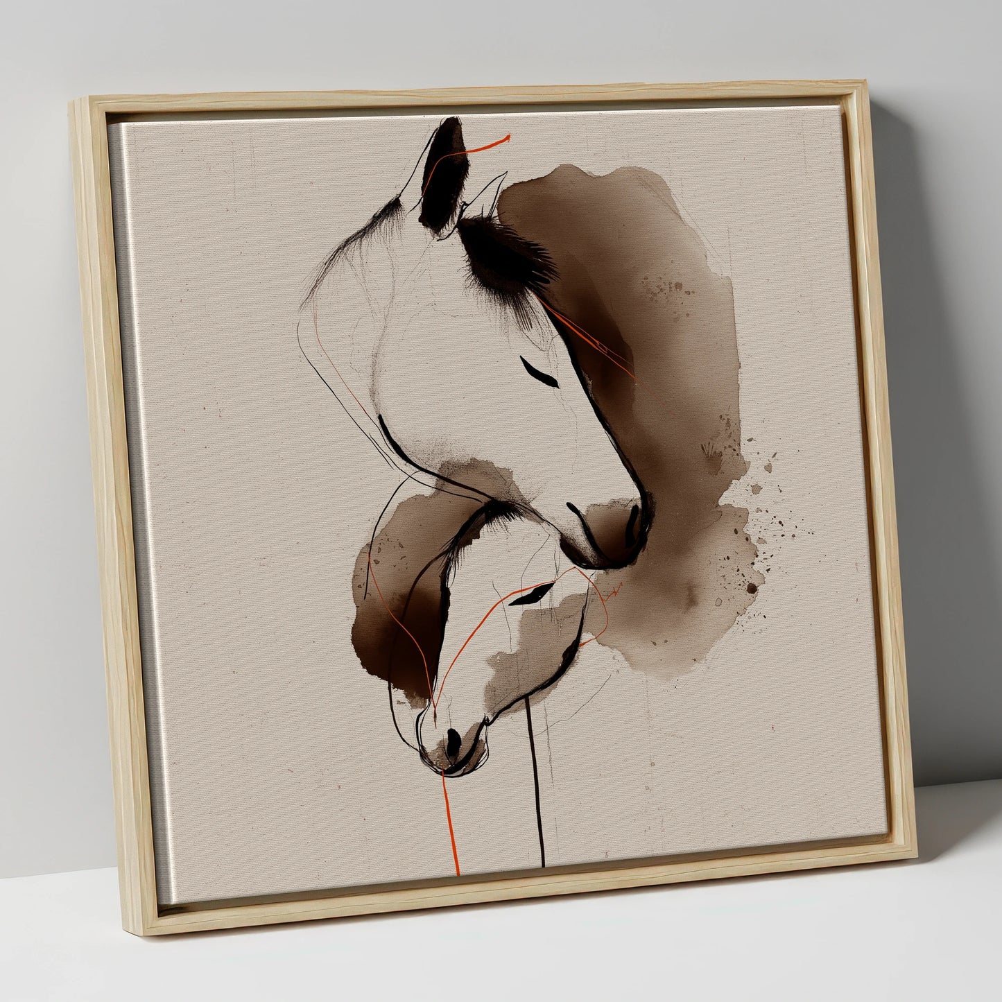 Tender Sepia Bond mare & foal canvas wall art in natural frame