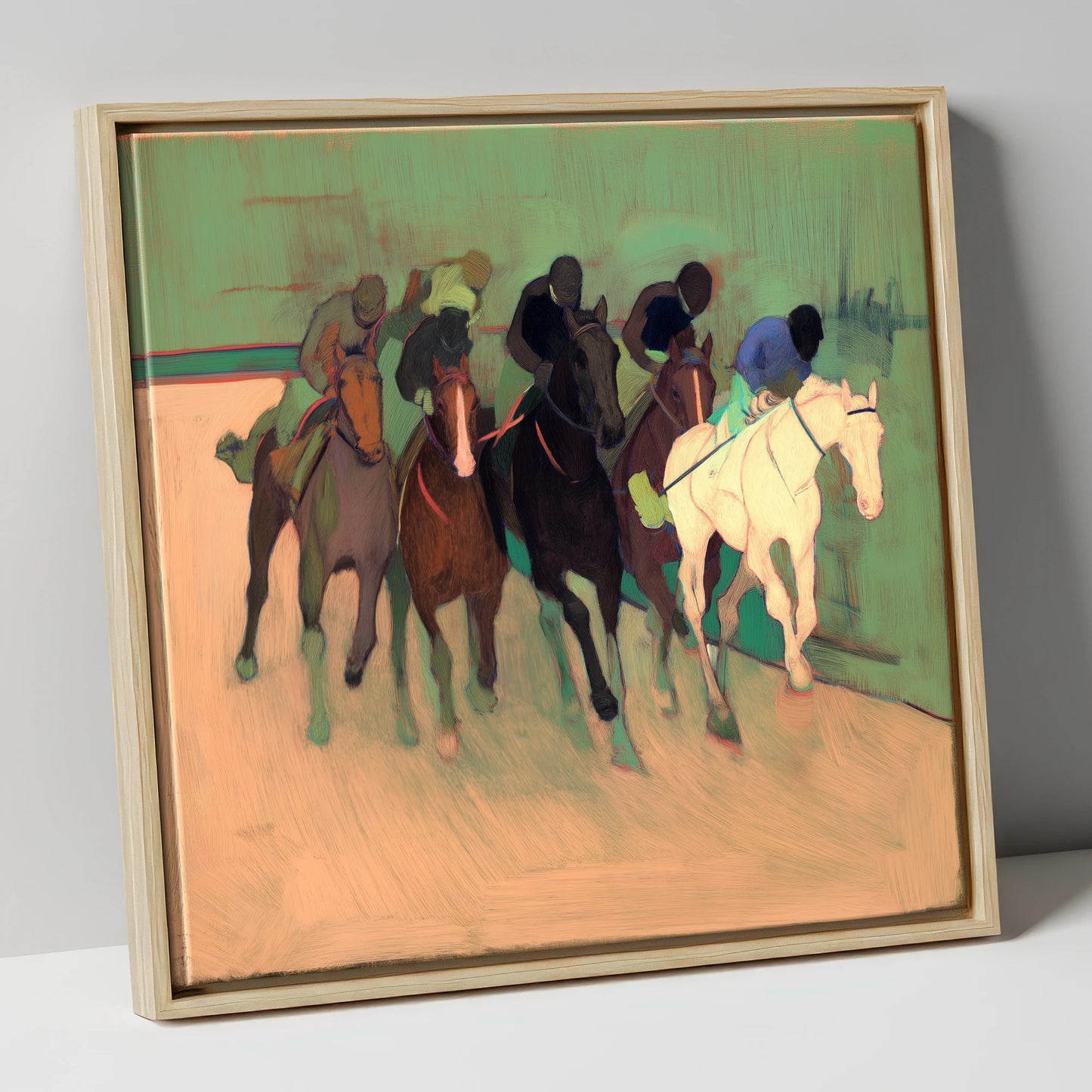 The Front Runners racing horse canvas wall art in natural frame