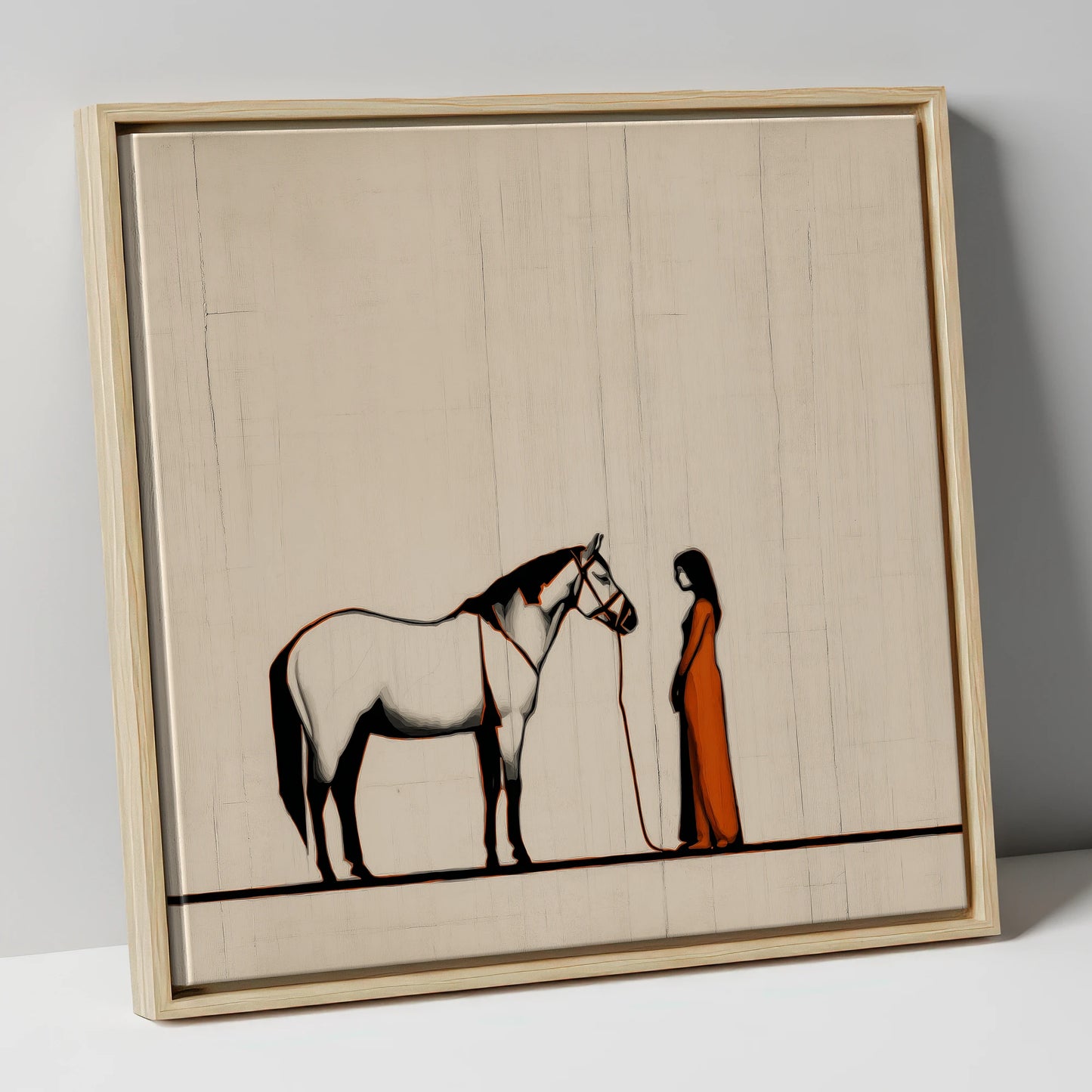 The Shared Silence horse & rider canvas wall art in natural frame