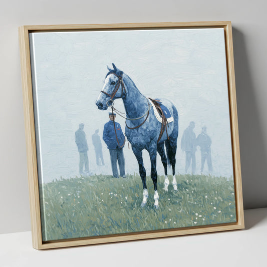 Waiting in the Mist racing horse canvas wall art in natural frame