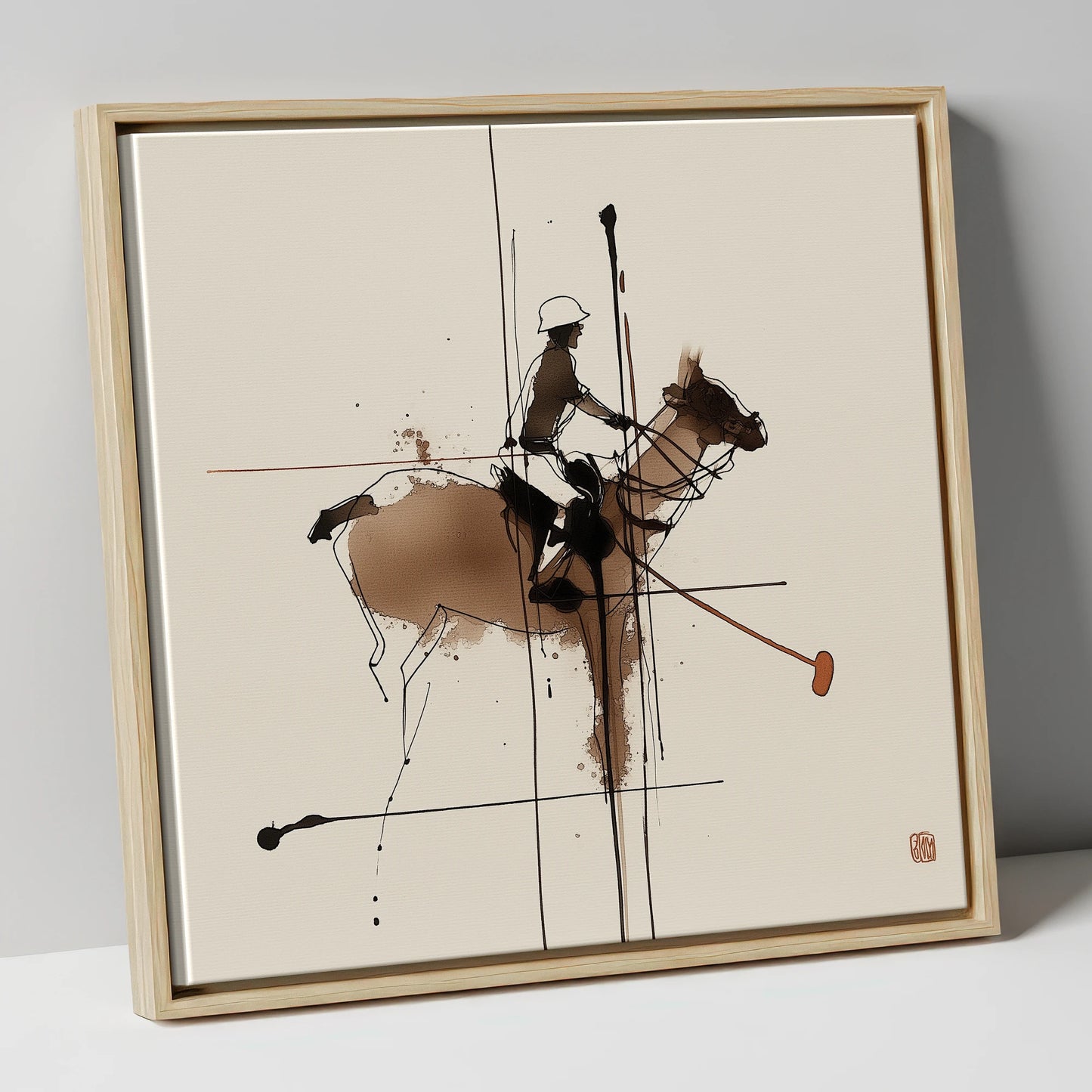 Abstract Polo Strike polo horse canvas wall art in natural frame