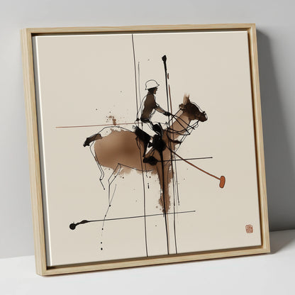 Abstract Polo Strike polo horse canvas wall art in natural frame