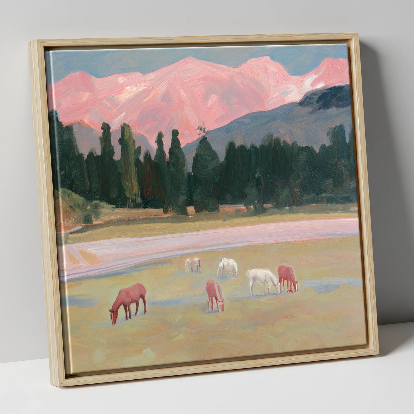 Alpenglow Pastures horse landscape canvas wall art in natural frame