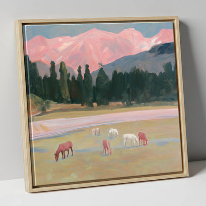 Alpenglow Pastures horse landscape canvas wall art in natural frame