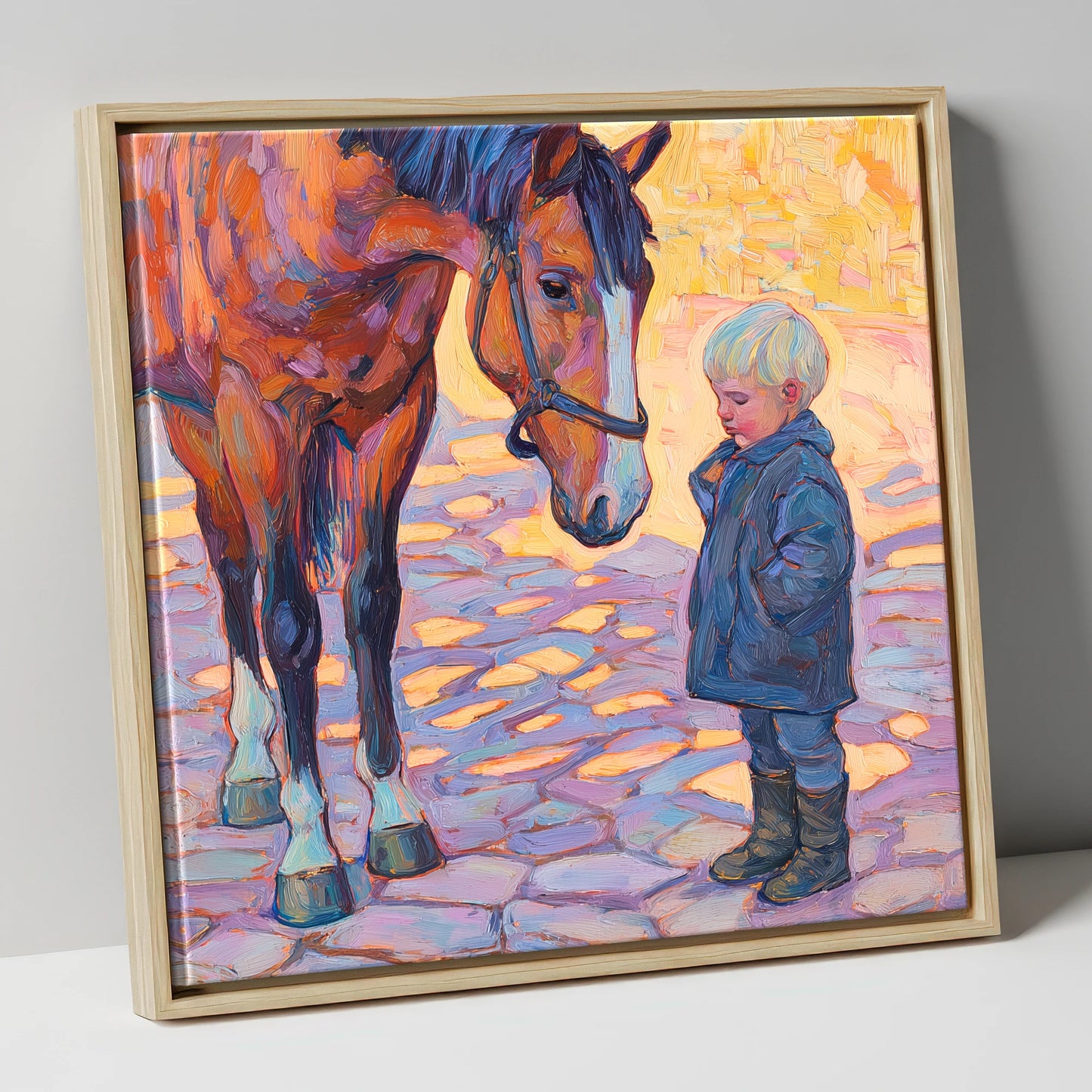 The Gentle Encounter horse & rider canvas wall art in natural frame
