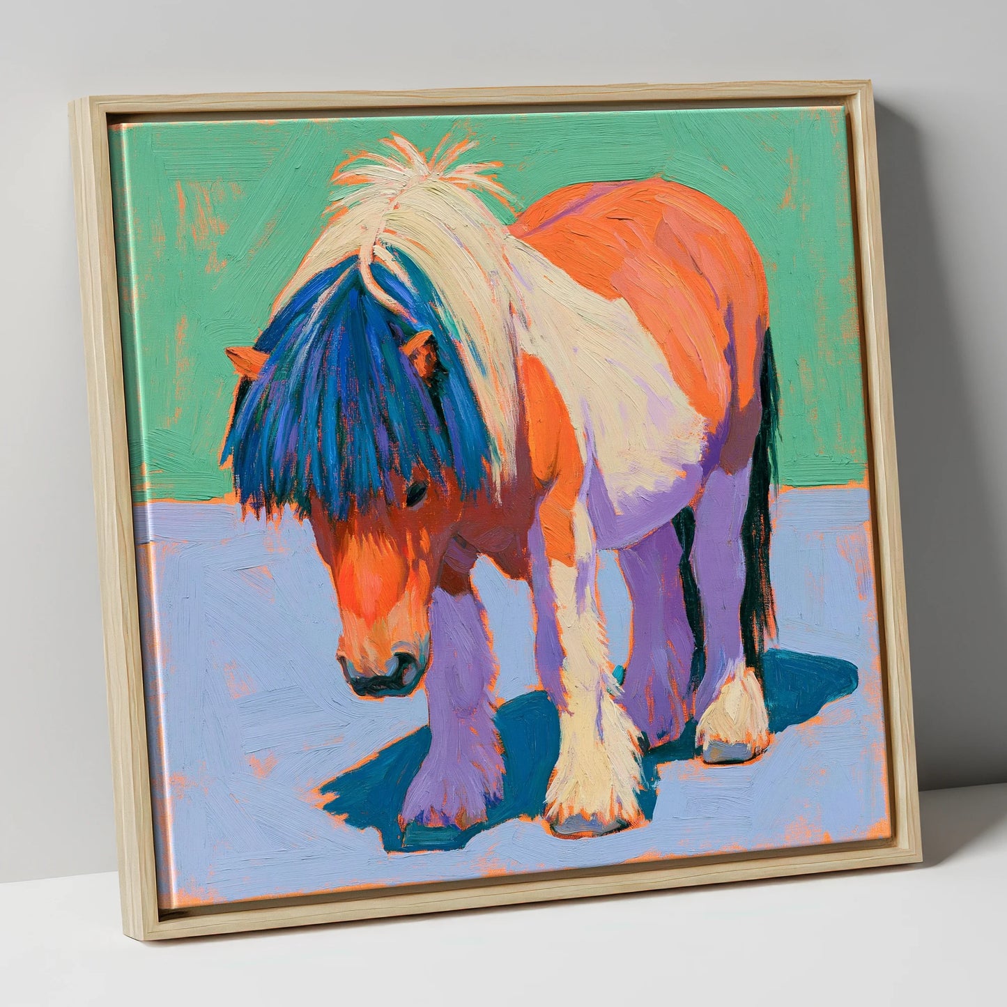 Shetland Pony In Vivid Colours horse breed canvas wall art in natural frame