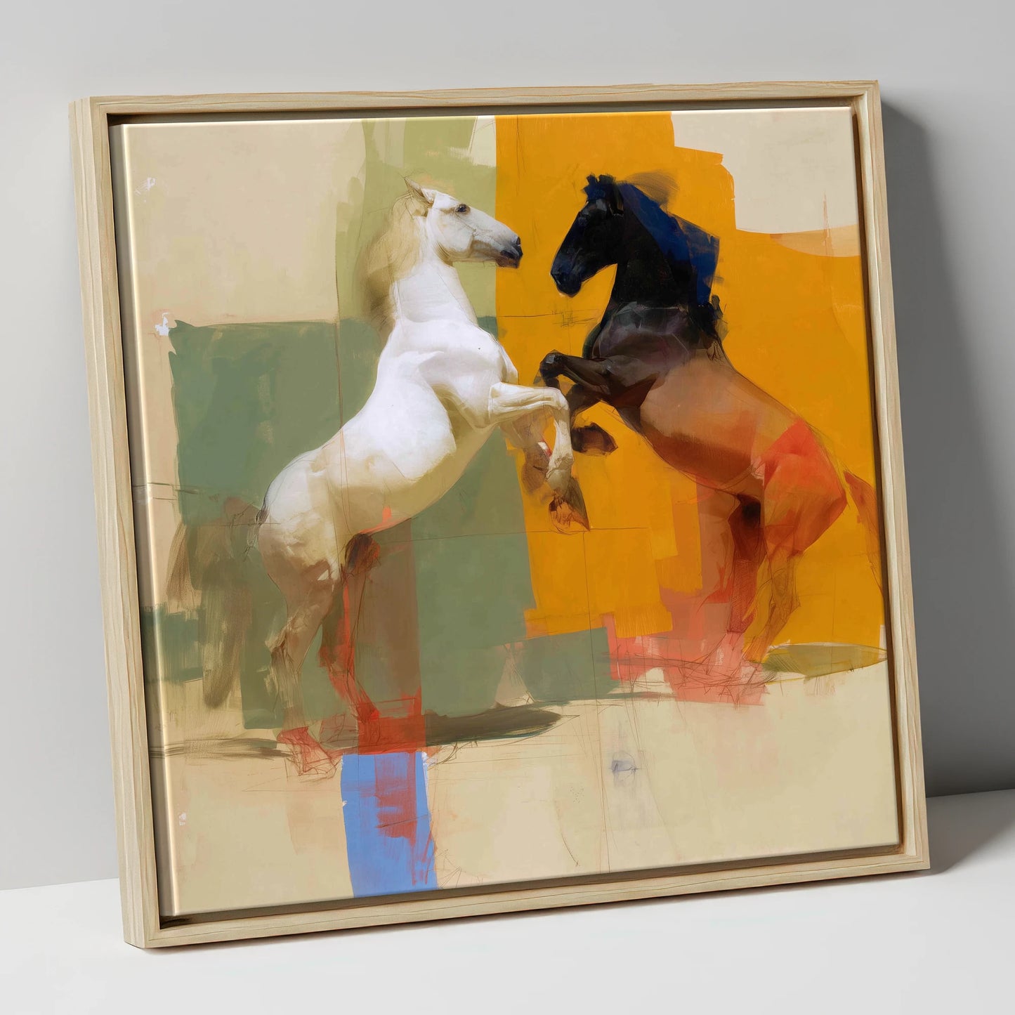 The Bold Encounter wild horses canvas wall art in natural frame