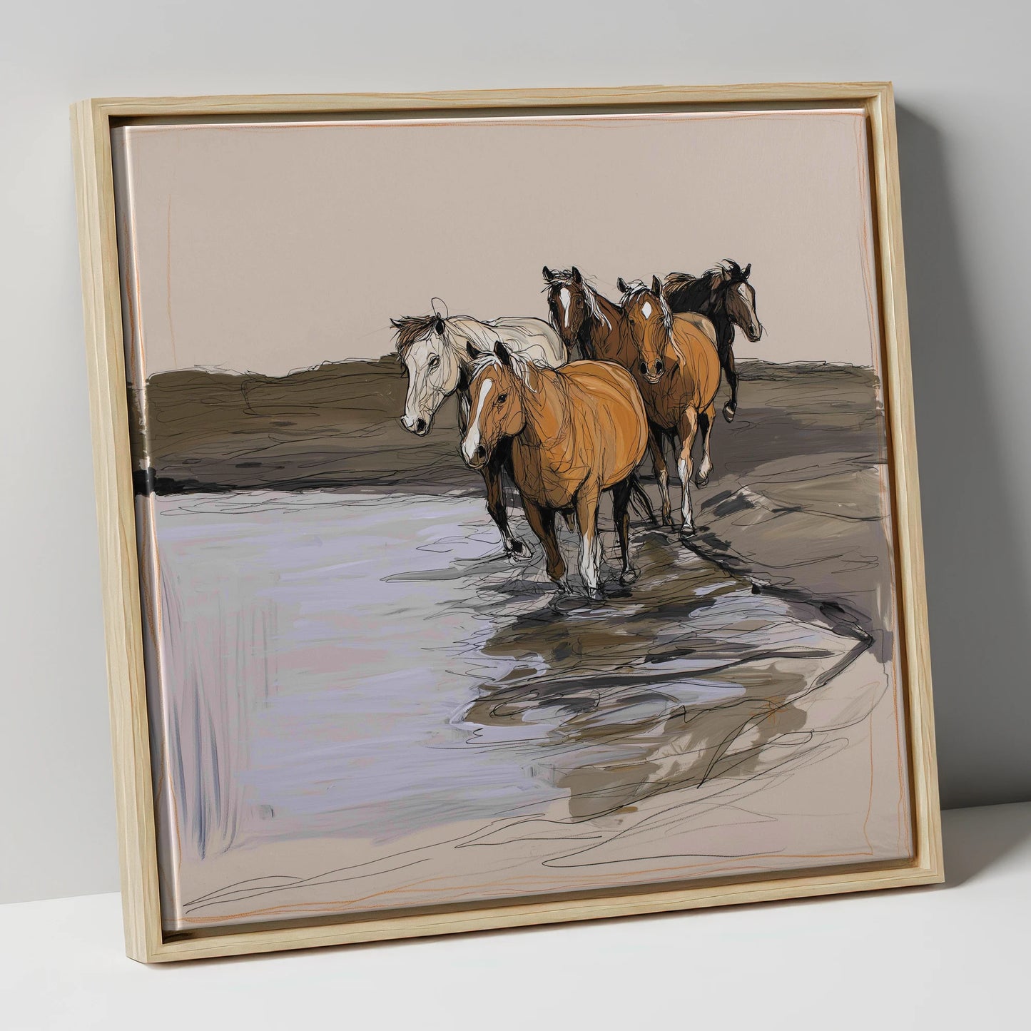 Herd at the Shallows wild horses canvas wall art in natural frame