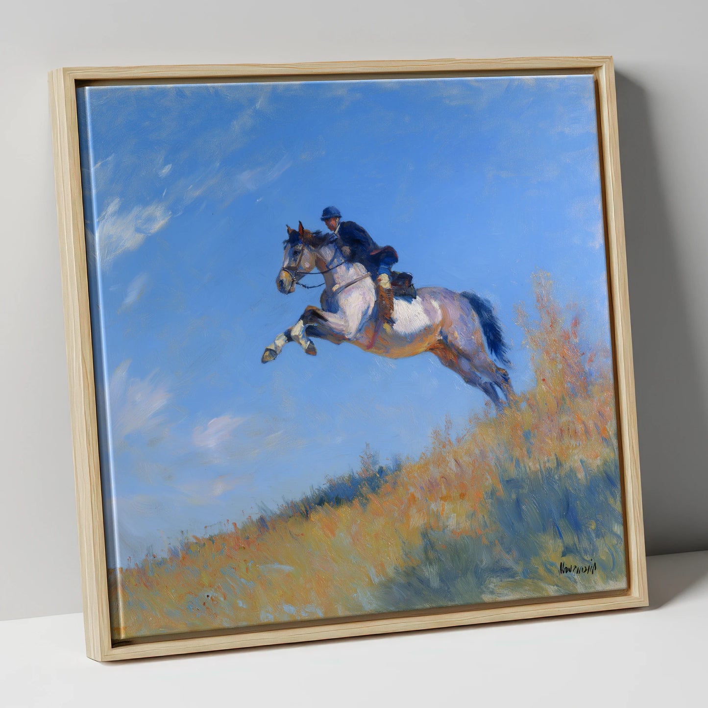 Leap Into the Blue show jumping horse canvas wall art in natural frame
