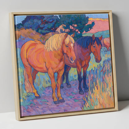 Sunset Pasture Companions horse landscape canvas wall art in natural frame