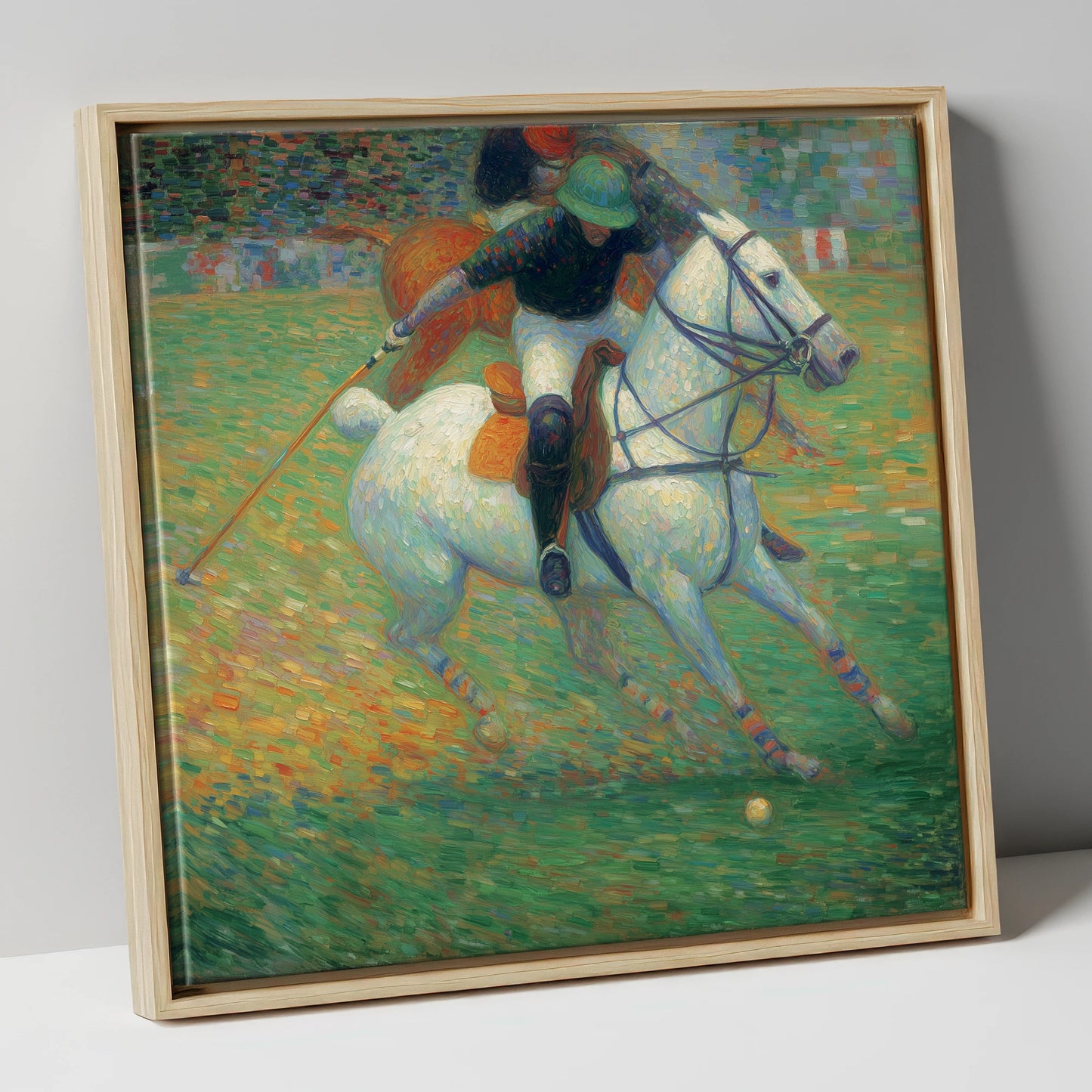 Luminous Polo Charge polo horse canvas wall art in natural frame