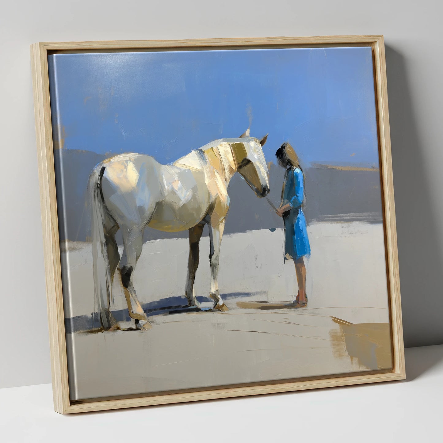 Sunlit Companion horse & rider canvas wall art in natural frame