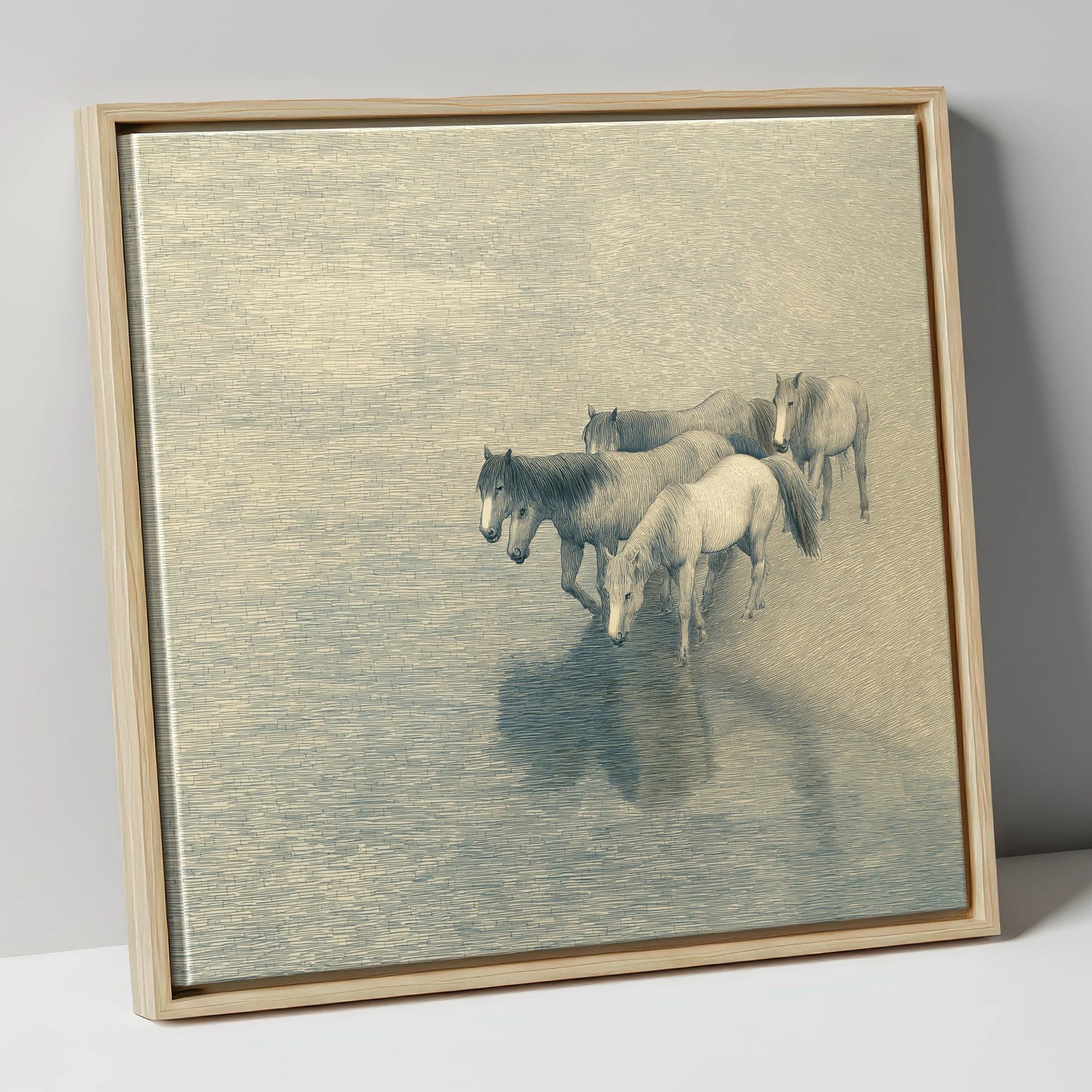 Reflections of the Herd wild horses canvas wall art in natural frame