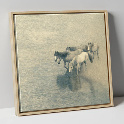 Reflections of the Herd wild horses canvas wall art in natural frame