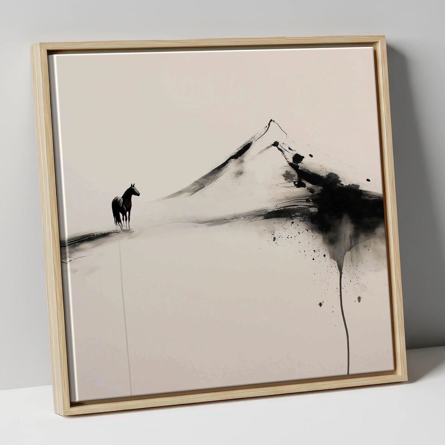 Solitary Mountain Silhouette horse landscape canvas wall art in natural frame